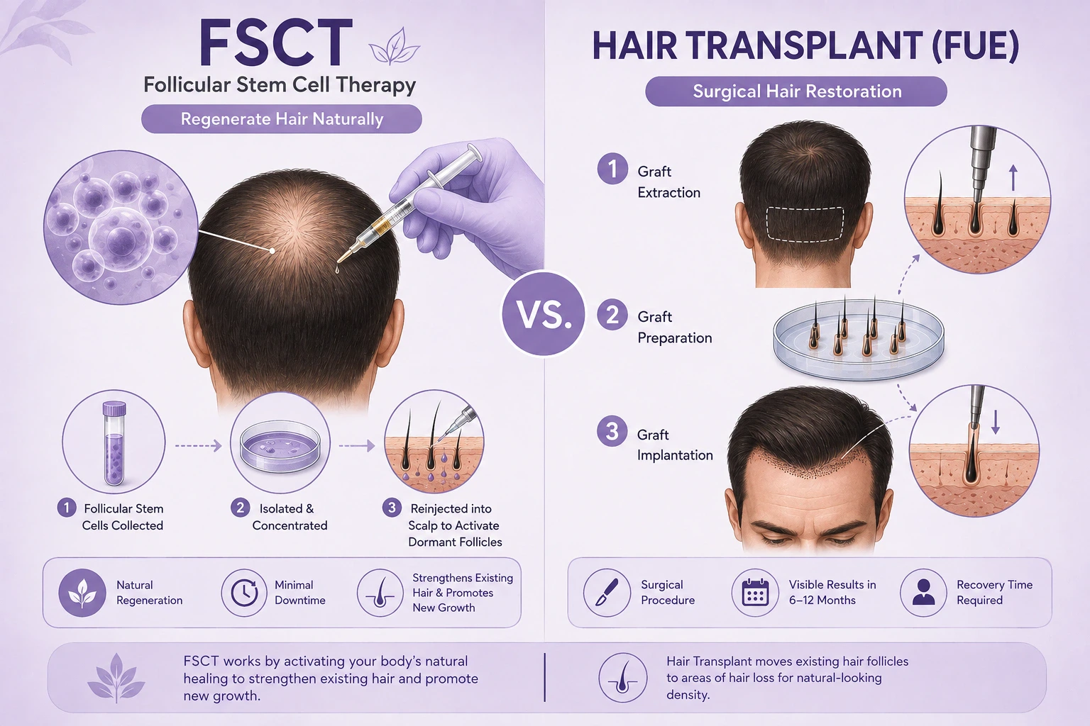Side-by-side comparison of FSCT and FUE hair transplant procedures.