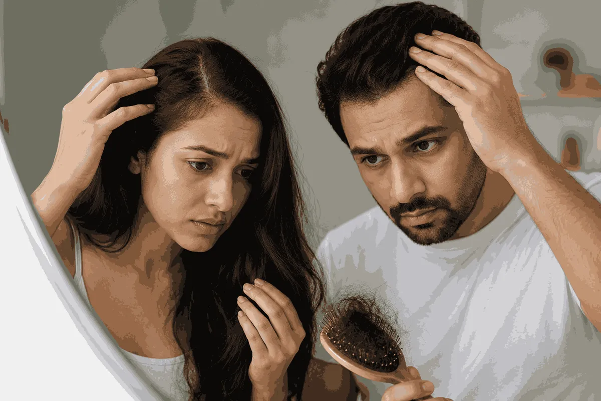 Couple noticing hair fall and thinning hair while checking scalp in mirror.