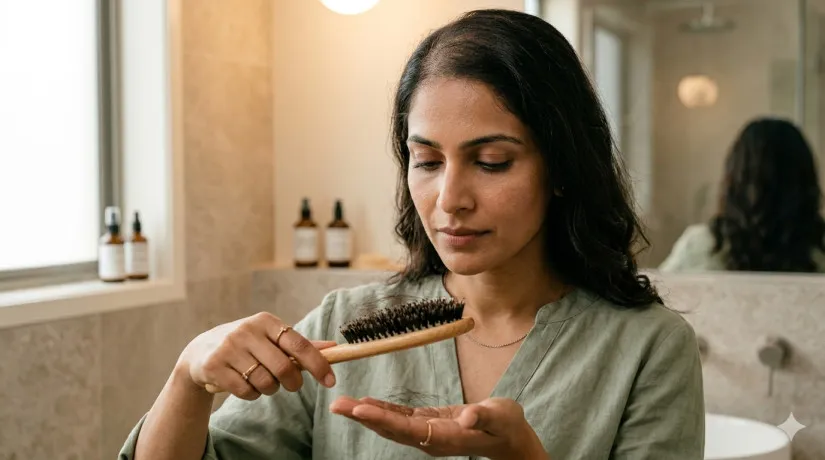Woman applying hair serum onto a wooden hairbrush during a calming bathroom hair care routine.