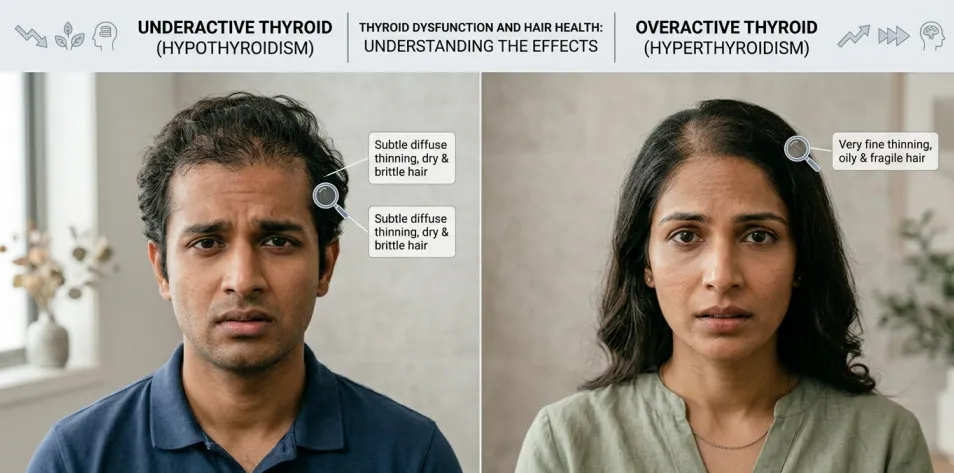 Comparison chart showing hair thinning patterns and hair texture changes in underactive and overactive thyroid conditions