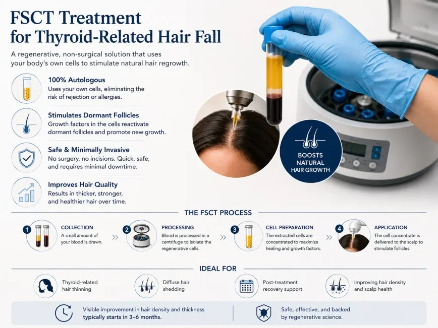 Medical infographic explaining FSCT treatment for thyroid-related hair fall, showing regenerative cell therapy process, scalp application, and benefits for natural hair regrowth