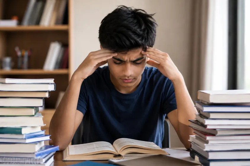 “Stressed teenage boy studying at a desk with open books and stacks of textbooks on both sides, holding his head while concentrating in a quiet study room