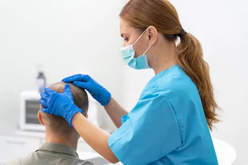 Healthcare professional examining a patient’s scalp for hair loss or scalp treatment while wearing medical gloves and mask in a clinical setting