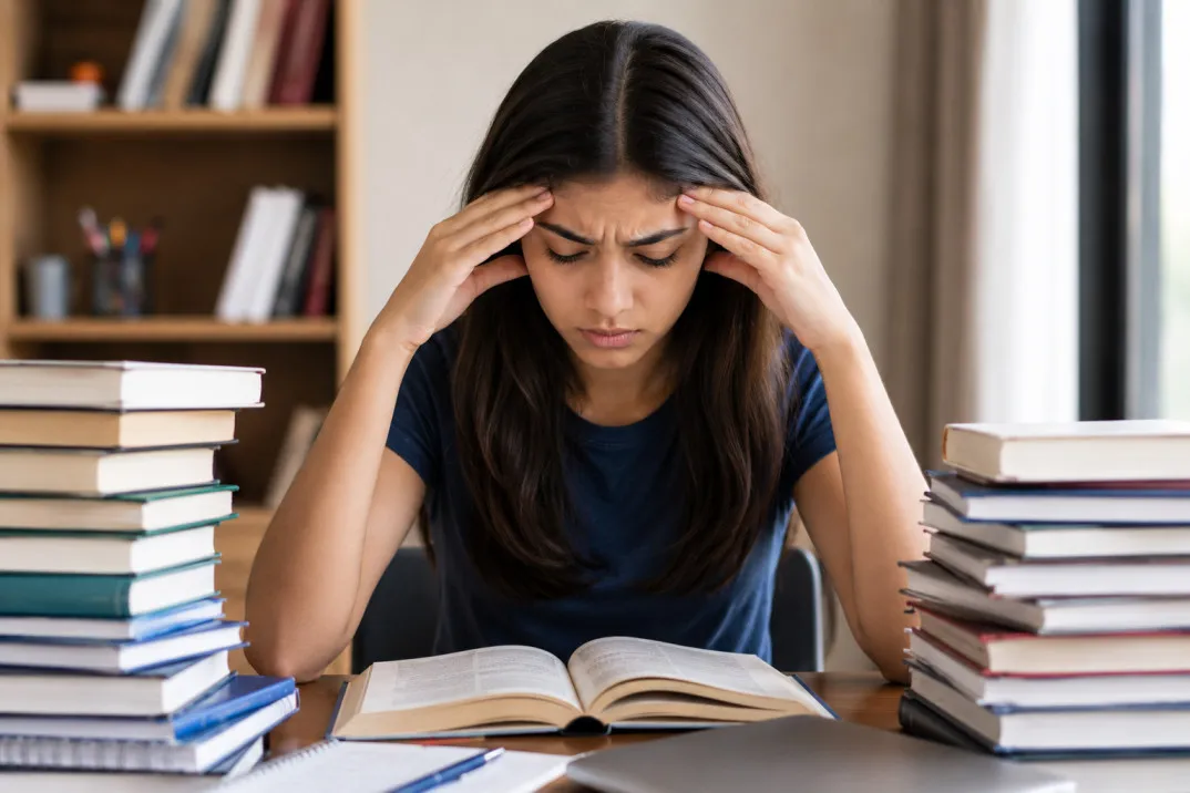 Stressed teenage girl studying at a desk with open books and tall stacks of textbooks on both sides, holding her head while concentrating in a quiet study room