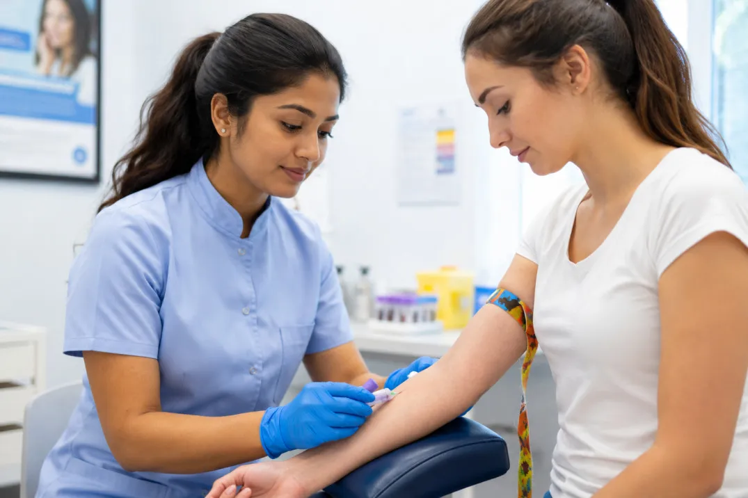 Nurse wearing blue gloves collecting a blood sample from a young woman’s arm during a medical test in a clean clinic setting